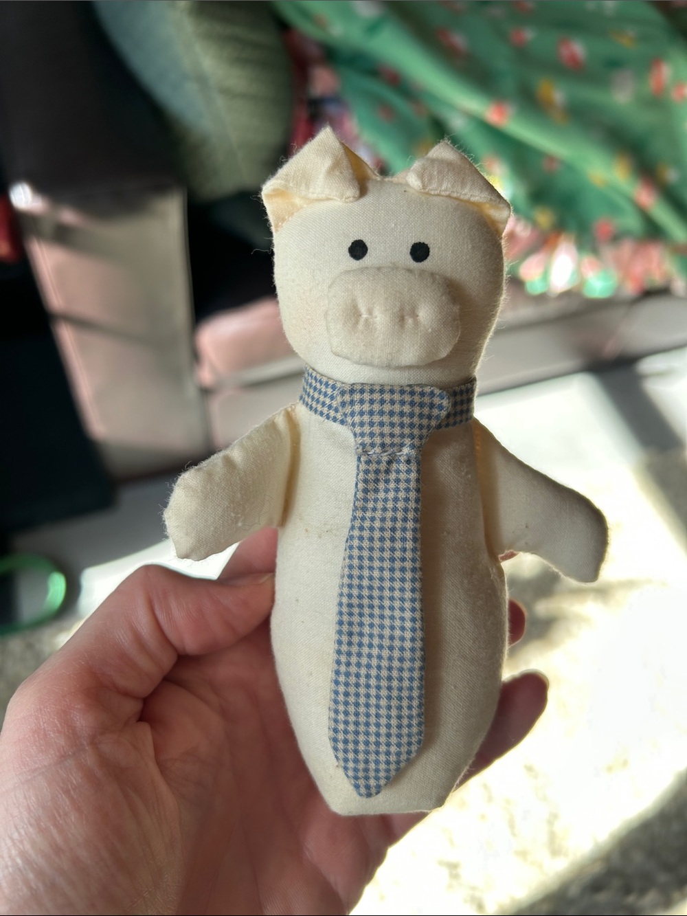 Plush Pig with Blue Check Tie - Cream in color